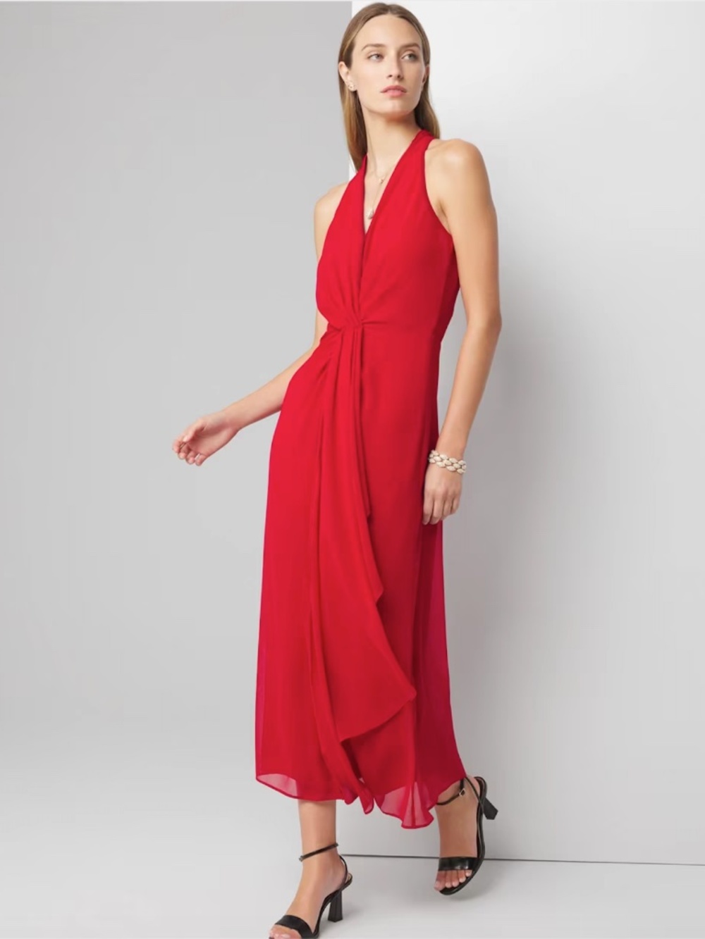 White House Black Market Sleeveless Chiffon Ruffle Dress in Indulgent